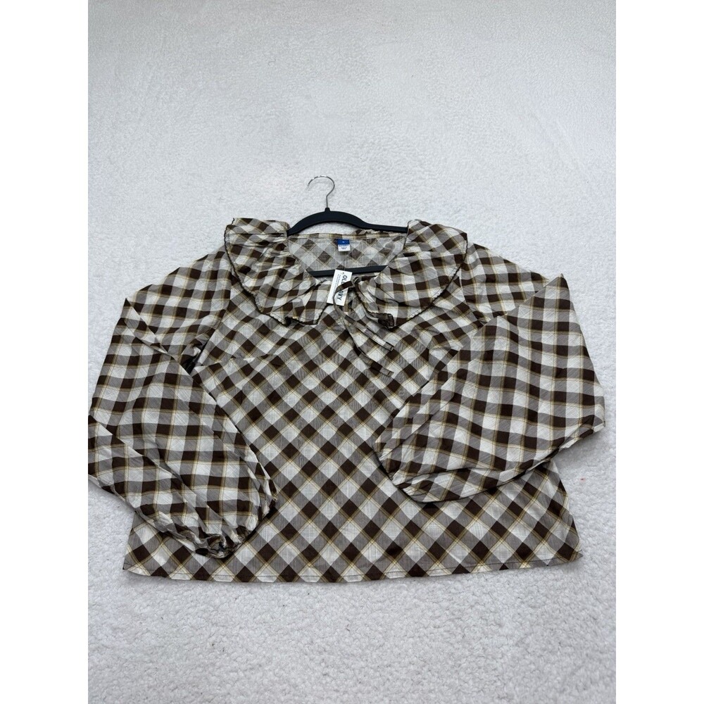 Old Navy Top Long Sleeve Ruffle Tie Neck Brown Minimalist Work Preppy Medium NWT